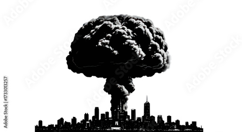 A graphic representation of urban destruction and devastation with a stark black and white