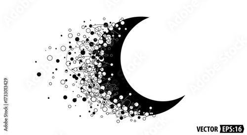Abstract crescent moon dissolving into stardust in a minimalist monochrome design