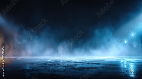 Dark Stage With Blue And Orange Spotlights And Fog
