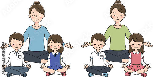 Mother meditating with children, family yoga practice, mindfulness illustration, kids meditation, healthy lifestyle, calm relaxation, stress relief, peaceful parent child bonding