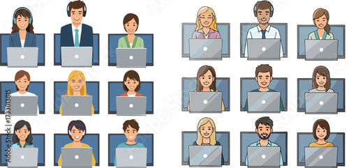 Online meeting illustration, remote teamwork collaboration, diverse people video call, business communication, virtual conference, remote office work, digital workplace connection
