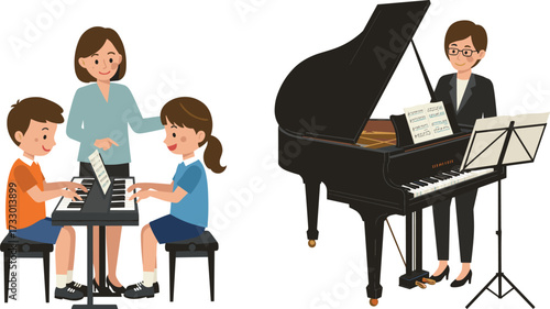Piano teacher with students, children learning keyboard, grand piano performance, music education, kids practicing piano, creative learning, instrument training, classroom