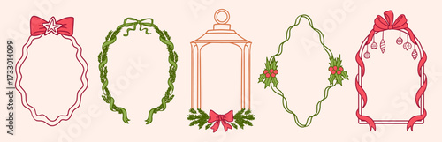 Christmas whimsical frames with ribbon bows, ornaments, holly, lantern and christmas tree branches, scrapbooking vector design
