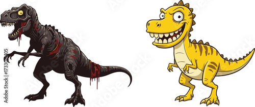 Scary dark dinosaur illustration, funny cartoon dinosaur character, prehistoric monster art, aggressive T rex, cute dinosaur drawing, isolated white background