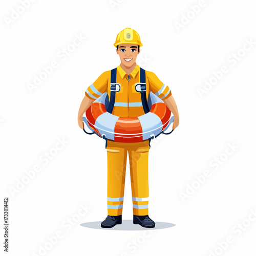 A rescue worker carries a life ring, offering assistance. Clear, bright illustration. Ideal for safety and emergency themes.