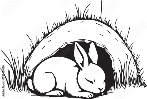Sleeping bunny nestled in cozy burrow surrounded by grass, radiating peace and innocence in gentle black-and-white cartoon woodland scene.

