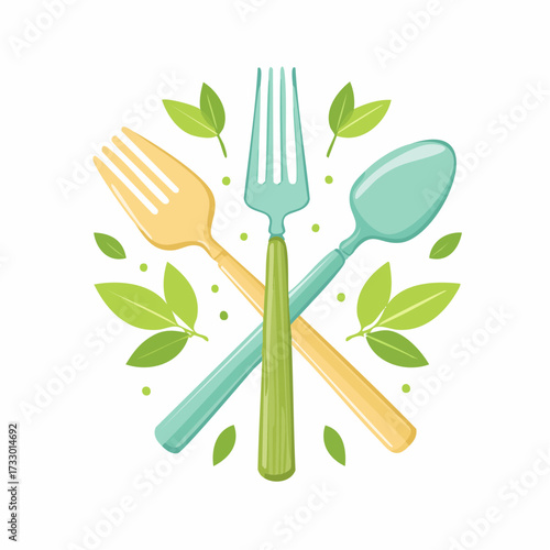 Crossed fork, spoon, and fork with green leaves, suggesting healthy eating and nature.