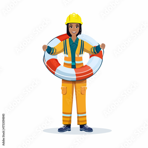 A rescue worker carries a life ring, offering assistance. Clear, bright illustration. Ideal for safety and emergency themes.