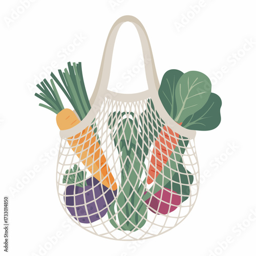 A white mesh string bag filled with fresh vegetables including carrots, zucchini, eggplant, radishes, and leafy greens.