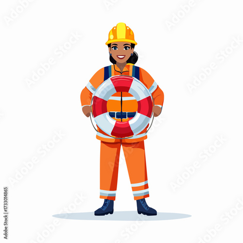 A rescue worker carries a life ring, offering assistance. Clear, bright illustration. Ideal for safety and emergency themes.