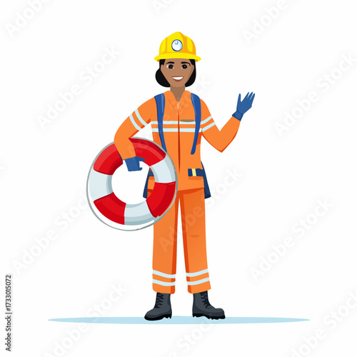 A rescue worker carries a life ring, offering assistance. Clear, bright illustration. Ideal for safety and emergency themes.