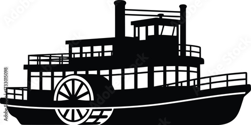 Silhouette steamboat mississippi riverboat paddlewheel boat nautical transportation classic vintage outline design vector