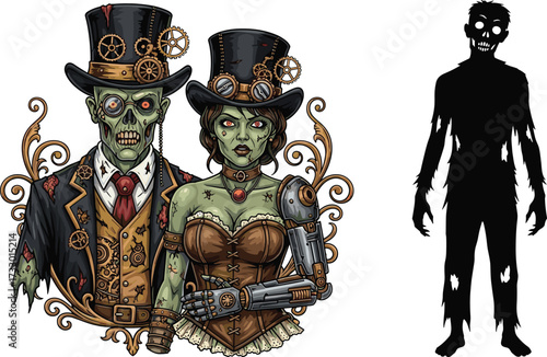 Steampunk zombie couple illustration, gothic undead characters, scary halloween artwork, creepy horror lovers, spooky apocalypse design, dark fantasy walking dead art, vintage