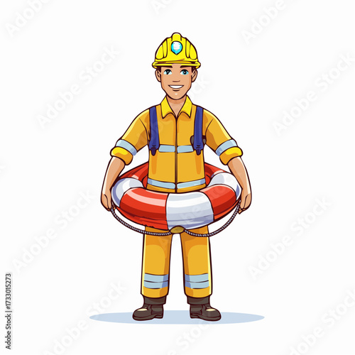 A rescue worker carries a life ring, offering assistance. Clear, bright illustration. Ideal for safety and emergency themes.