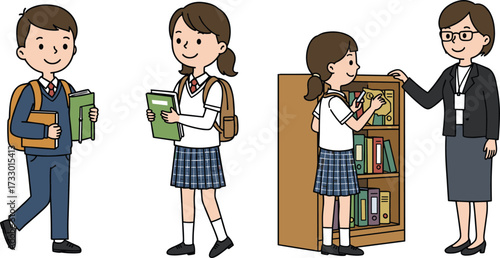 Students carrying books, teacher guiding in library, school children reading, education learning, academic study, classroom knowledge, student lifestyle, teamwork, studying habits