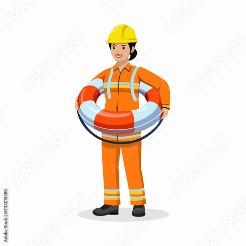 A rescue worker carries a life ring, offering assistance. Clear, bright illustration. Ideal for safety and emergency themes.