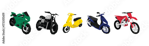 Flat vector set of colorful motorcycles. Sport bike, classic, scooter, and motocross. Vector geometric illustration.