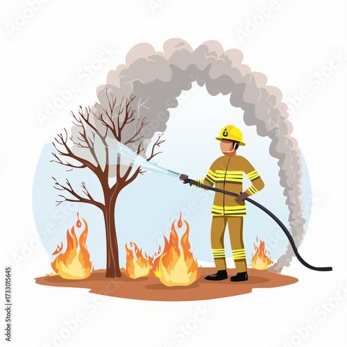 A firefighter battles a wildfire, using a hose to control the flames. Dramatic scene with smoke and a barren tree. Clear tackle illustration.