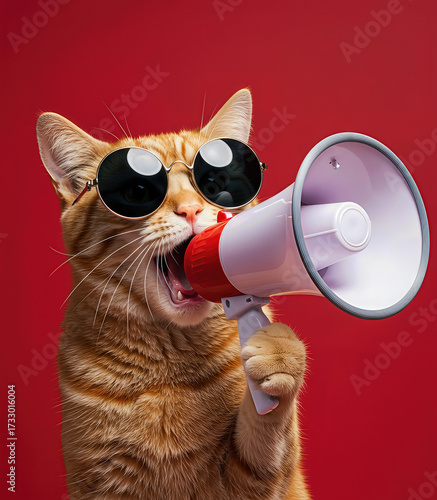 Funny cat wearing sunglasses holding megaphone on red background.