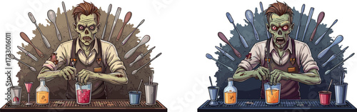 Zombie bartender mixing drinks, cartoon undead barman illustration, creepy Halloween monster in bar, scary cocktail mixing scene, spooky horror drawing