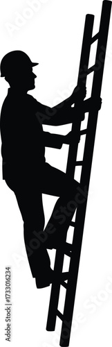 Silhouette of a construction worker climbing a ladder symbolizing career growth and reaching new heights vector