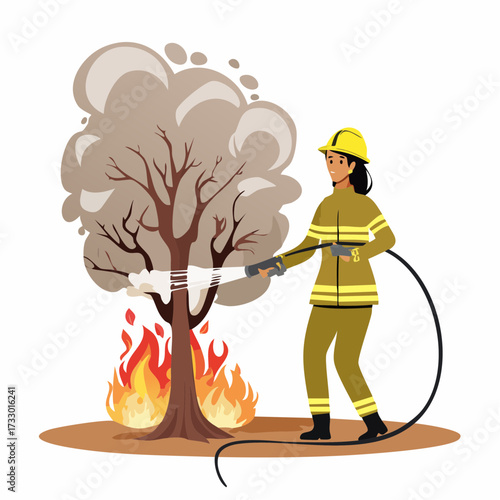 A firefighter battles a wildfire, using a hose to control the flames. Dramatic scene with smoke and a barren tree. Clear tackle illustration.
