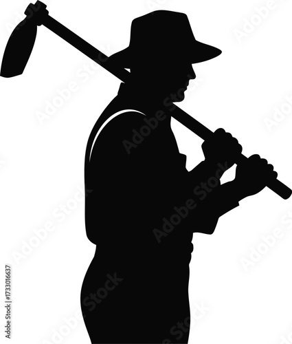 Silhouette farmer with hoe on shoulder agricultural worker concept outdoor labor concept rural life iconic symbol vector