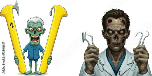 Zombie dentist character cartoon illustration, creepy undead doctor with scary dental tools, horror halloween monster dentist design, spooky cartoon medical artwork