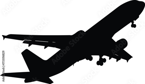 Silhouette of a commercial airplane taking off into the sky with landing gear extended and wings tilted upwards creating a dynamic ascending flight path conveying speed and travel. vector