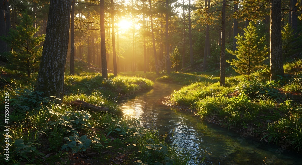 Obraz premium Tranquil forest scene with stream sunlight streaming through trees