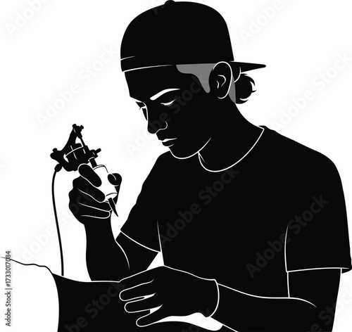 Tattoo artist concentrating on tattoo gun equipment preparation for ink session vector