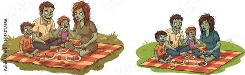 Zombie family picnic illustration, undead parents and children eating together, horror cartoon style, creepy outdoor picnic scene, scary family concept