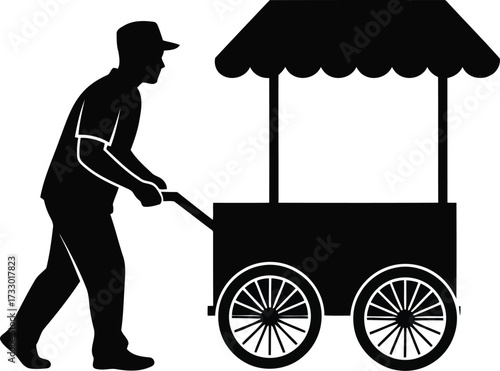 Silhouette of vendor pushing a food cart with canopy and wheels vector