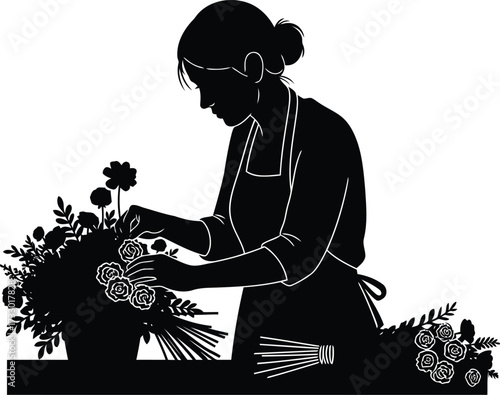Silhouette of florist arranging fresh flowers in creative floral design studio workspace vector