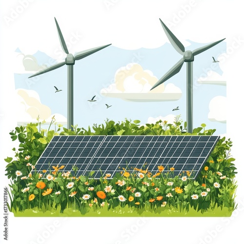 Renewable energy sources combine solar panels and wind turbines among vibrant flowers in a green landscape
