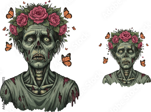 Zombie portrait with flower crown and butterflies, creepy undead character illustration, horror fantasy design, spooky Halloween artwork, gothic scary cartoon monster
