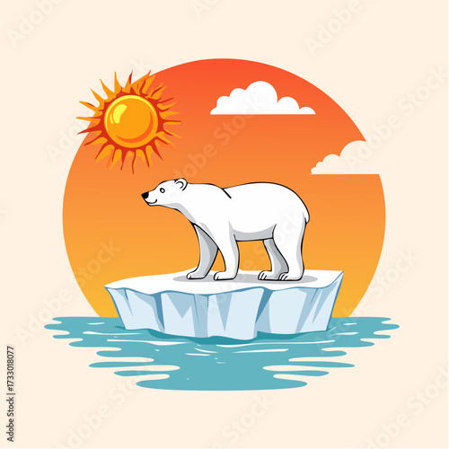 A polar bear stands on a melting iceberg under a blazing sun. A striking, minimalist illustration with a warm color palette. Perfect for summer, heat, or environmental themes.