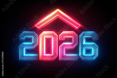 Futuristic New Year 2026 Lettering with Upward Arrow on Transparent Background