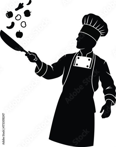 Silhouette of chef cooking flipping food in pan kitchen professional restaurant gastronomy culinary art vector