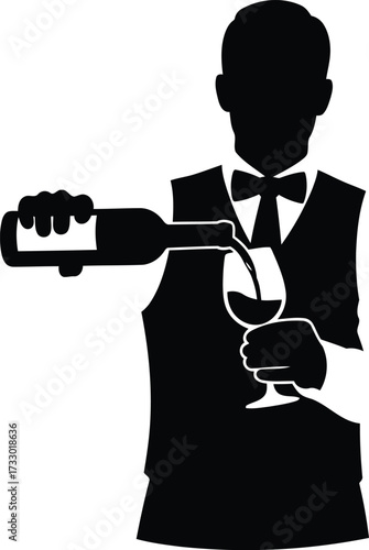 Professional waiter pouring wine into glass silhouette service hospitality elegant celebration vector