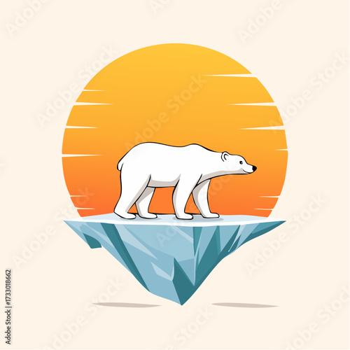 A polar bear stands on a melting iceberg under a blazing sun. A striking, minimalist illustration with a warm color palette. Perfect for summer, heat, or environmental themes.