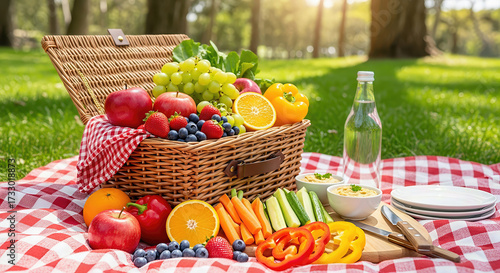 Picnic basket with fresh fruits, vegetables and snacks on checkered blanket in park.