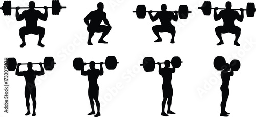 Barbell exercise silhouettes, strength training poses, gym workout icons, fitness movement, weightlifting technique, black vector, athlete form, bodybuilding design