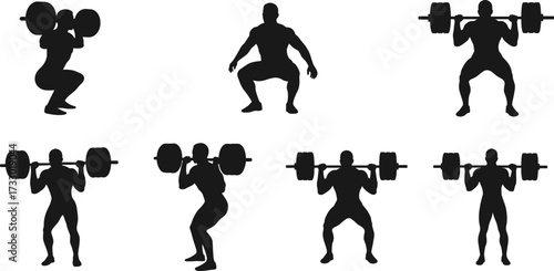 Barbell squat silhouettes, fitness poses, strength training, gym workout, exercise form, weightlifting technique, vector icons, black design, athlete motion, muscle building