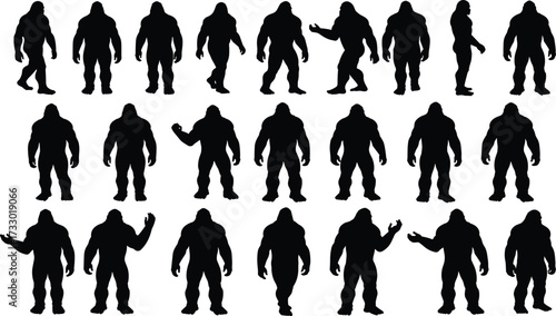 Bigfoot silhouettes, Sasquatch poses, cryptid figure grid, black humanoid icons, mythical creature design, motion stances, vector art, mysterious legend, forest monster
