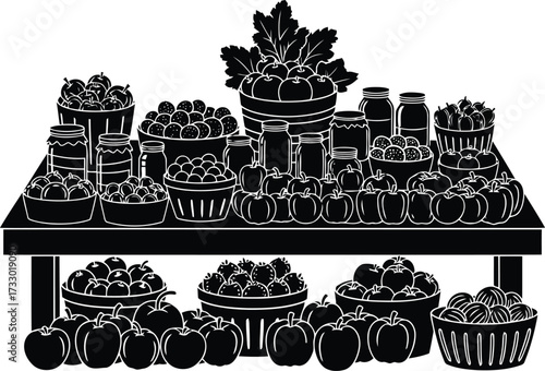 Harvest bounty illustration of fruits and vegetables displayed on a rustic table vector