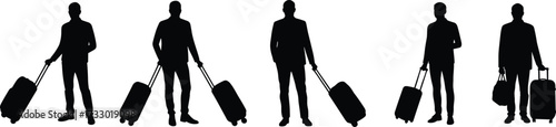 Business traveler silhouettes, standing with luggage, black icons, white background, suitcase pose, mobility, airport scene, formal attire, journey