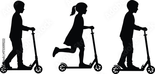 Children scooter silhouette set, riding motion poses, black vector icons, playful movement, physical activity, balance, outdoor energy design