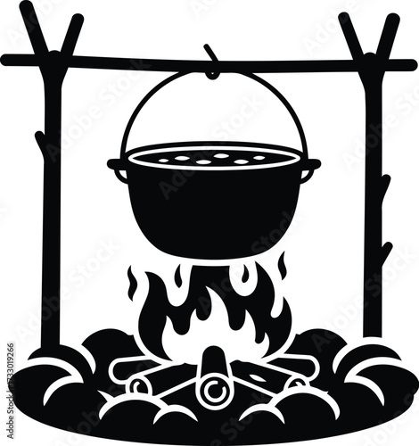 Campfire cooking pot over open flames rustic outdoor culinary adventure silhouette vector