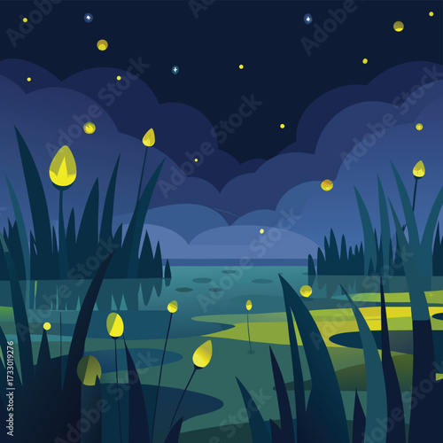 fireflies hovering over misty marshes.eps
